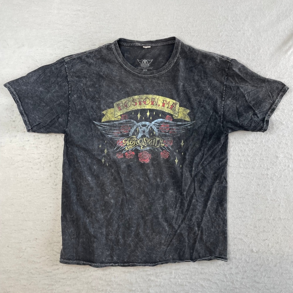 Aerosmith Graphic T-Shirt Medium Black Acid Wash Boston MA Band Tee Small Holes